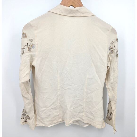 Laura Ashley 100% Silk Embroidered Blouse Floral Sheer Long Sleeve Beige Size 4 - Picture 2 of 3